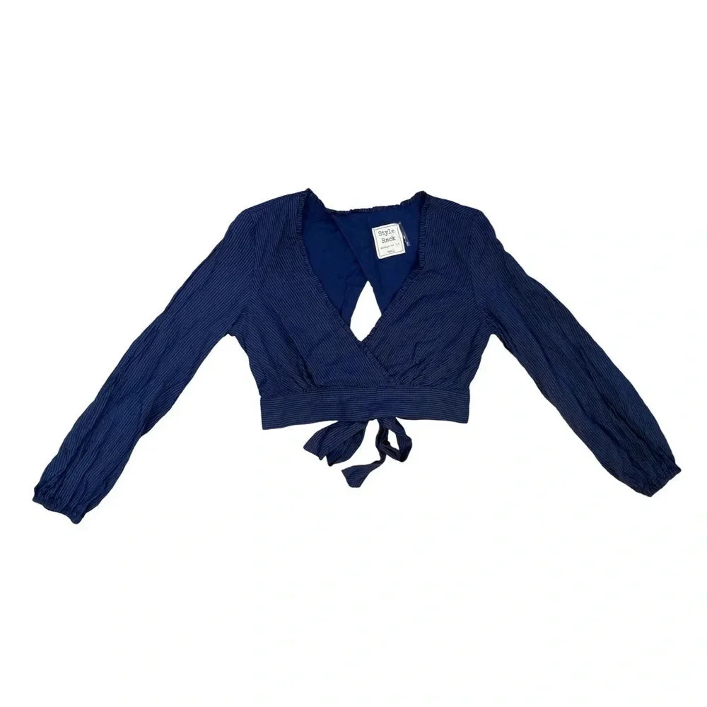 Style Rack Tie Back Wrap Top | Navy  Blue Pinstripe | Size S